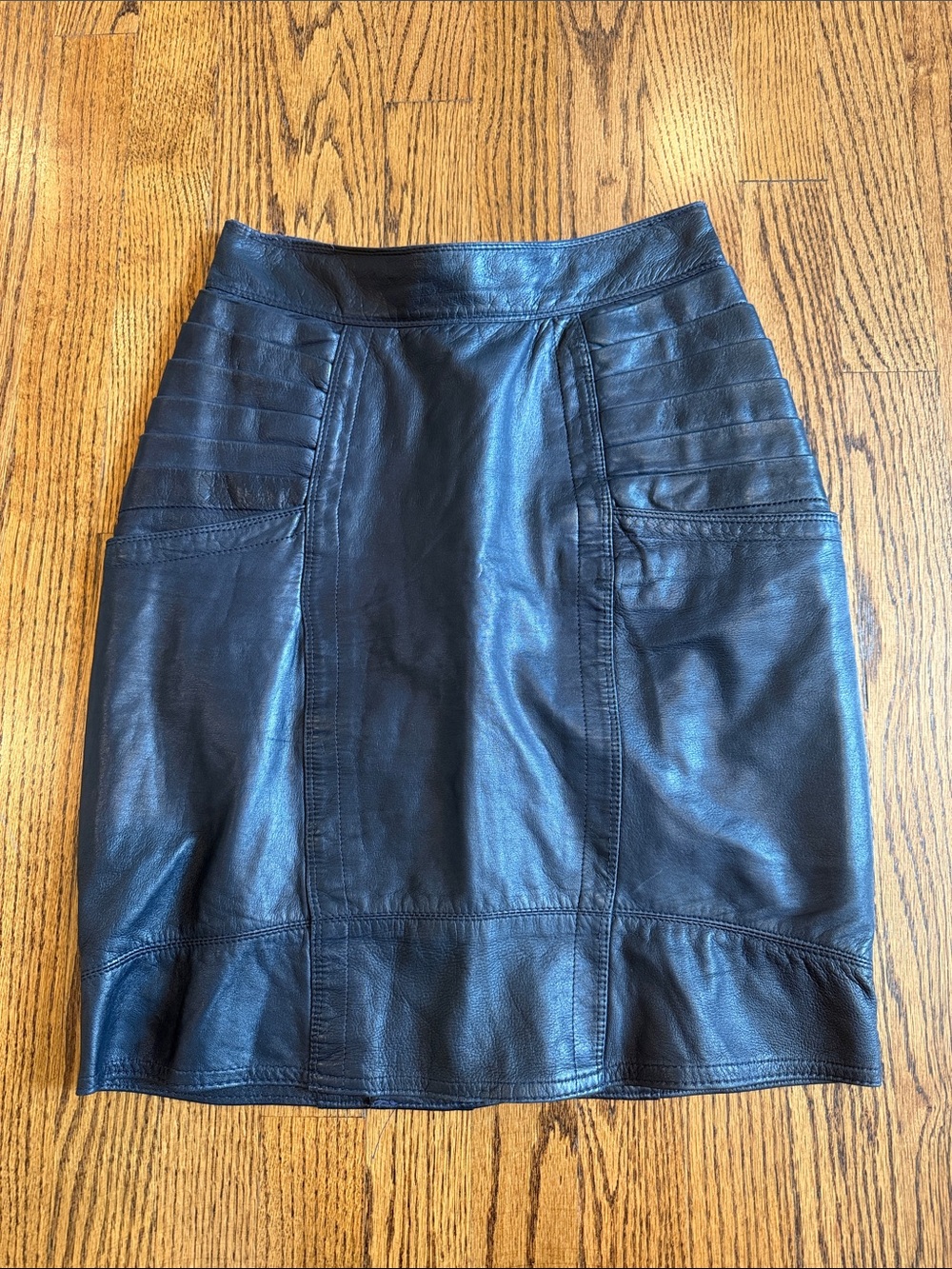 Vintage Gianni Versace Navy Blue Leather Skirt with Pleats and Pockets S